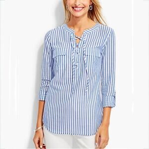 Talbots Women Blue Stripe Popover Top Blouse M Modern Coastal Classic Nautical